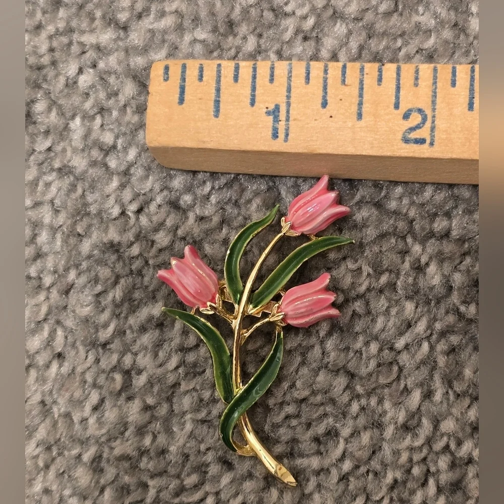Vintage Pink Tulip and Green Floral Brooch Pin Charm Accent Assessory